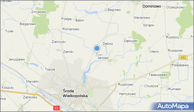 mapa Janowo, Janowo gmina Środa Wielkopolska na mapie Targeo